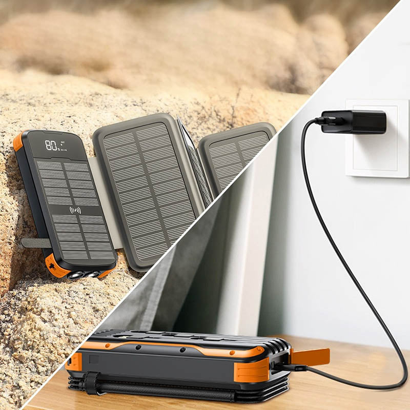 20,000mAh Solar Power Bank with 4 Foldable Photovoltaic Panels and Built-in Cables & Wireless Charging for iPhones, iPads, Android Devices