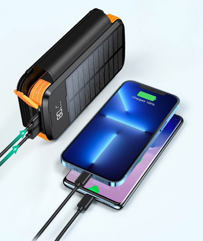 20,000mAh Solar Power Bank with 4 Foldable Photovoltaic Panels and Built-in Cables & Wireless Charging for iPhones, iPads, Android Devices