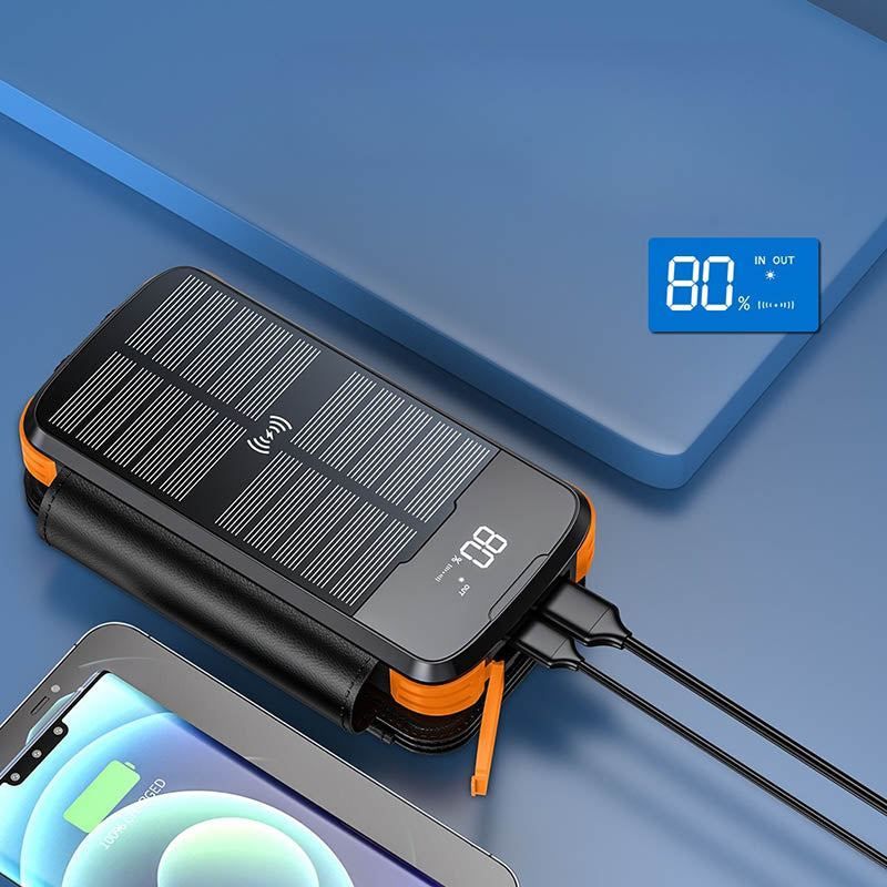 20,000mAh Solar Power Bank with 4 Foldable Photovoltaic Panels and Built-in Cables & Wireless Charging for iPhones, iPads, Android Devices