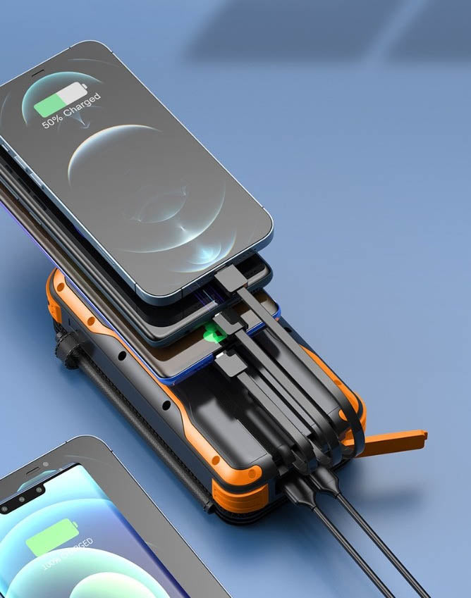 20,000mAh Solar Power Bank with 4 Foldable Photovoltaic Panels and Built-in Cables & Wireless Charging for iPhones, iPads, Android Devices