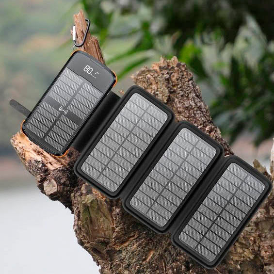 20,000mAh Solar Power Bank with 4 Foldable Photovoltaic Panels and Built-in Cables & Wireless Charging for iPhones, iPads, Android Devices