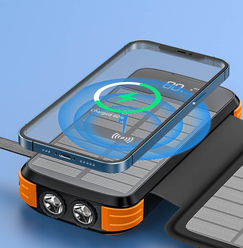 20,000mAh Solar Power Bank with 4 Foldable Photovoltaic Panels and Built-in Cables & Wireless Charging for iPhones, iPads, Android Devices