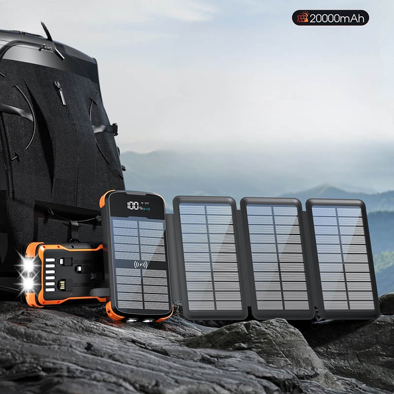 20,000mAh Solar Power Bank with 4 Foldable Photovoltaic Panels and Built-in Cables & Wireless Charging for iPhones, iPads, Android Devices