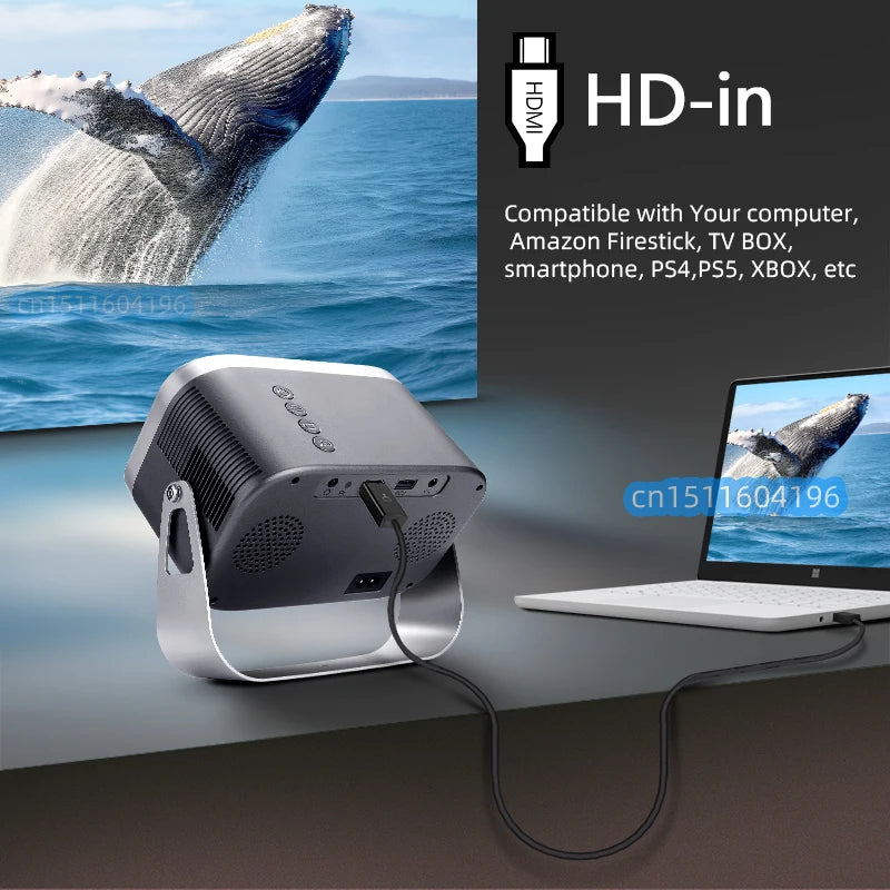 360° Free Rotation Portable Smart Android Projector for Movie Nights, Camping, Parties, Sports Events, Fitness and Yoga, and more.