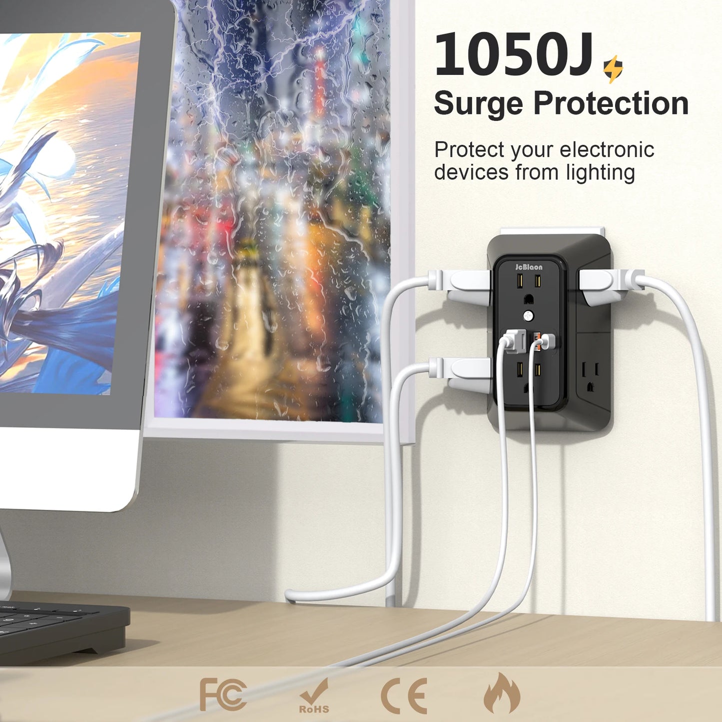 10-in-1 Wall Outlet Extender with USB-C & Surge Protection — 6 AC Outlets, 2 USB-C & 2 USB-A Ports, Wall Mount Power Strip for Home & Office (1050J, UL Certified)