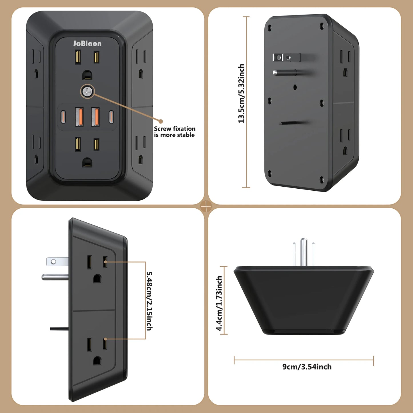 10-in-1 Wall Outlet Extender with USB-C & Surge Protection — 6 AC Outlets, 2 USB-C & 2 USB-A Ports, Wall Mount Power Strip for Home & Office (1050J, UL Certified)