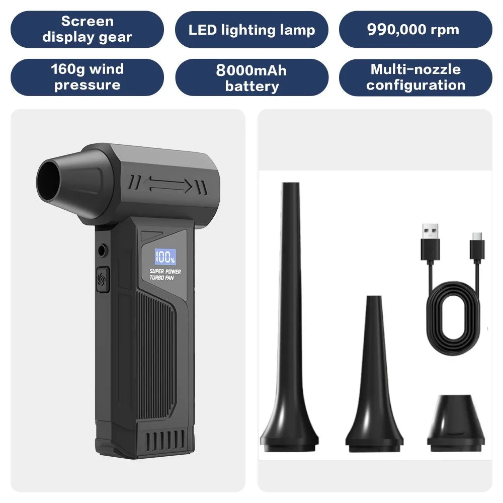 2025 New Handheld Turbo Electric Air Duster with 110,000 RPM Brushless Motor, LED Light, Digital Display & Multi-Nozzle Kit