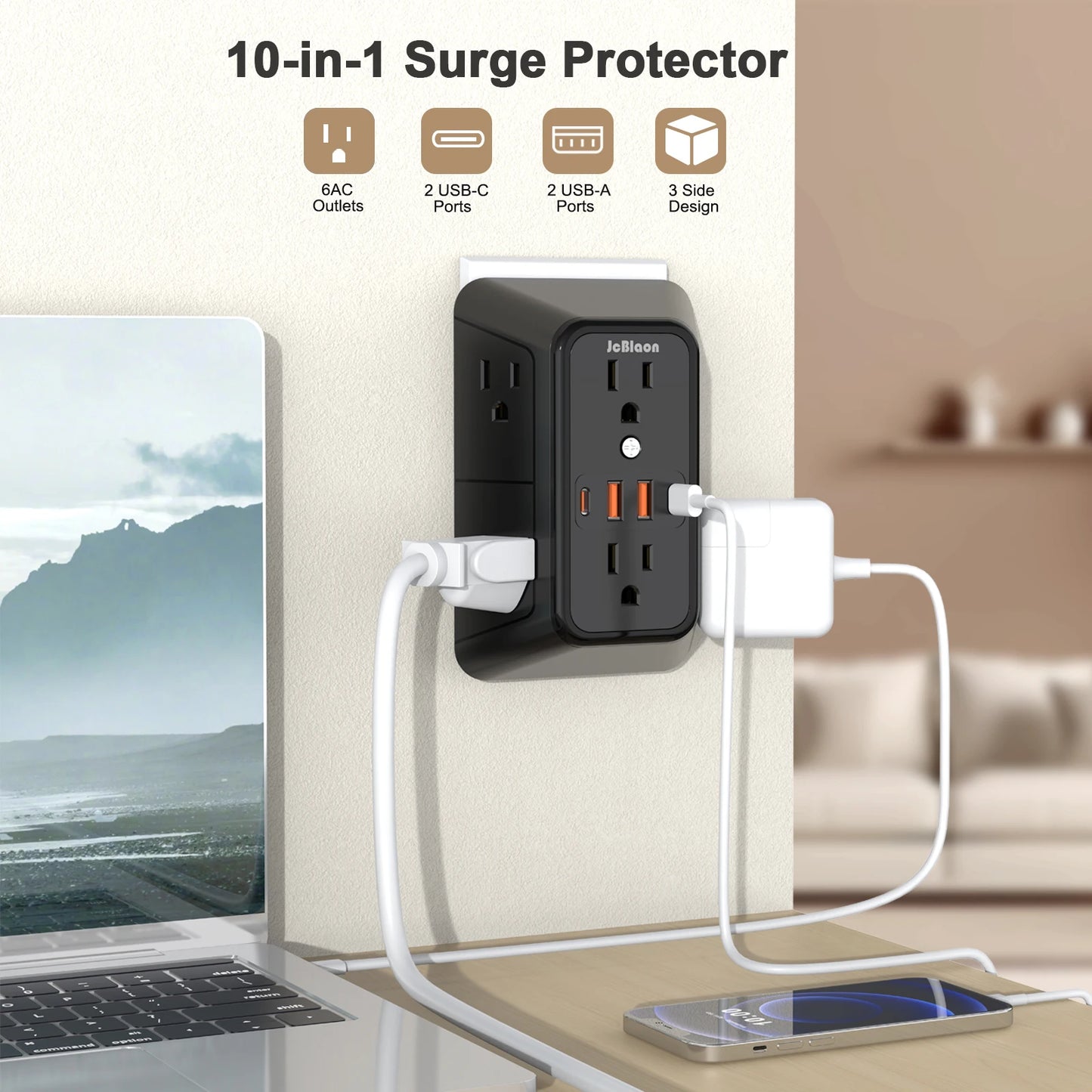 10-in-1 Wall Outlet Extender with USB-C & Surge Protection — 6 AC Outlets, 2 USB-C & 2 USB-A Ports, Wall Mount Power Strip for Home & Office (1050J, UL Certified)