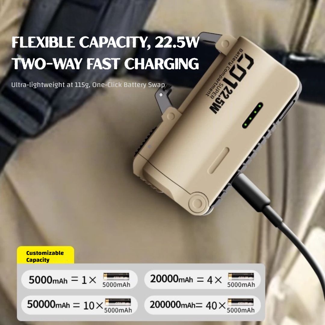 Tactical Power Pod – Swappable Battery Portable Charger with 22.5W Fast Charging & Carabiner Clip for Outdoor & Travel Use | 2025 New Release