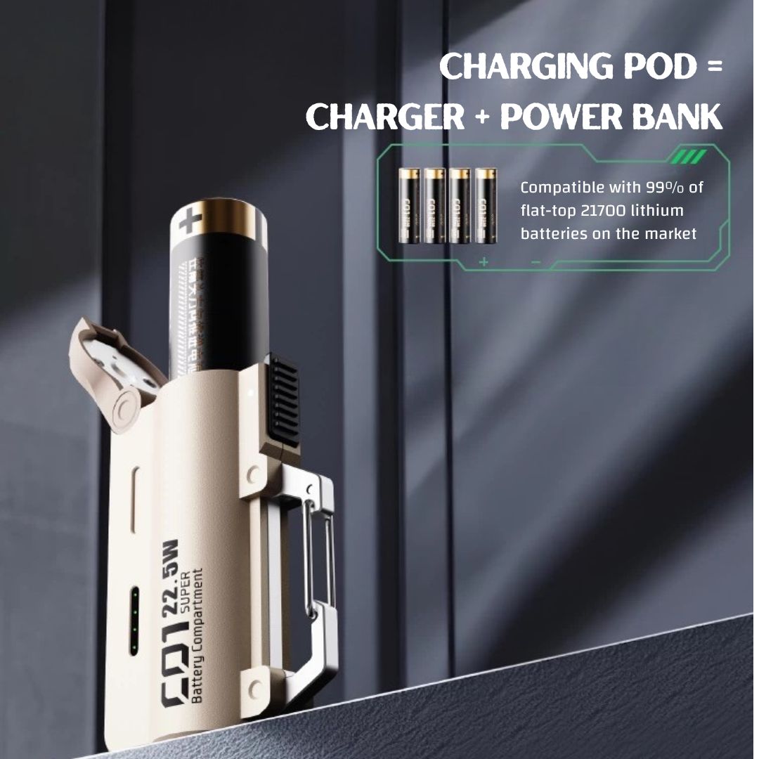 Tactical Power Pod – Swappable Battery Portable Charger with 22.5W Fast Charging & Carabiner Clip for Outdoor & Travel Use | 2025 New Release
