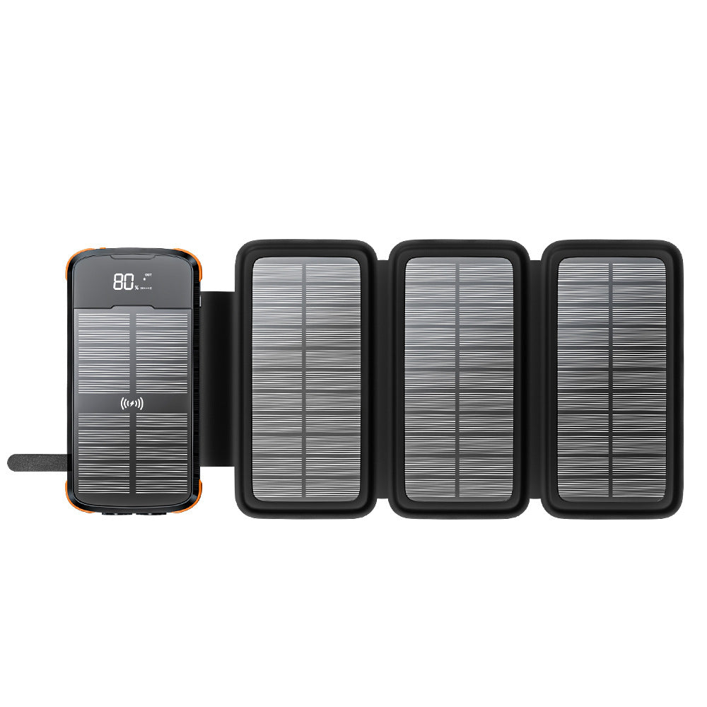20,000mAh Solar Power Bank with 4 Foldable Photovoltaic Panels and Built-in Cables & Wireless Charging for iPhones, iPads, Android Devices