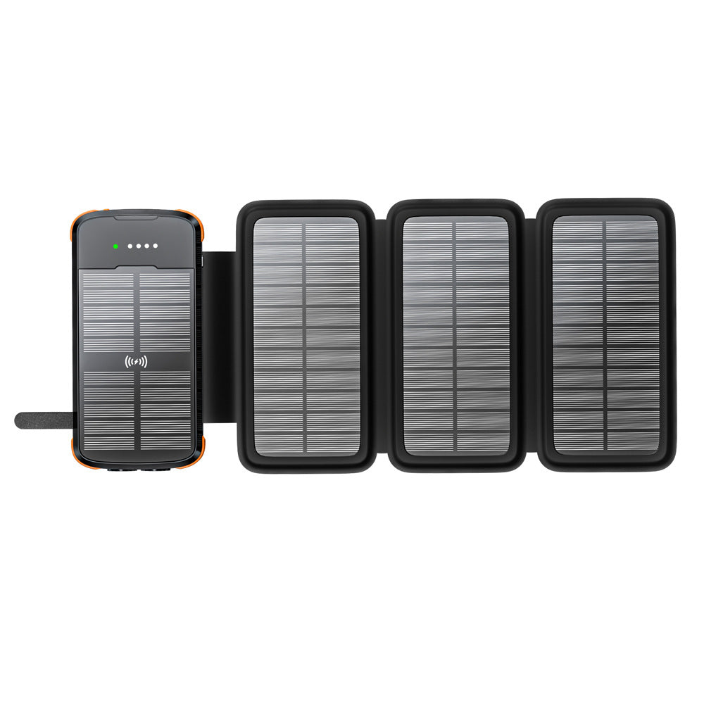 20,000mAh Solar Power Bank with 4 Foldable Photovoltaic Panels and Built-in Cables & Wireless Charging for iPhones, iPads, Android Devices
