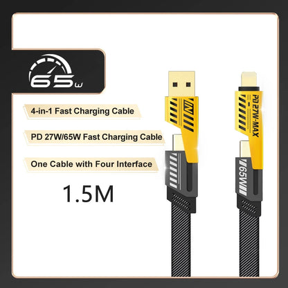 4-In-1 Fast Charging Cable with Connectors of USB-A, USB-C, and Lightning for iPhones and Android Devices 27W and 65 PD Fast Charging Support