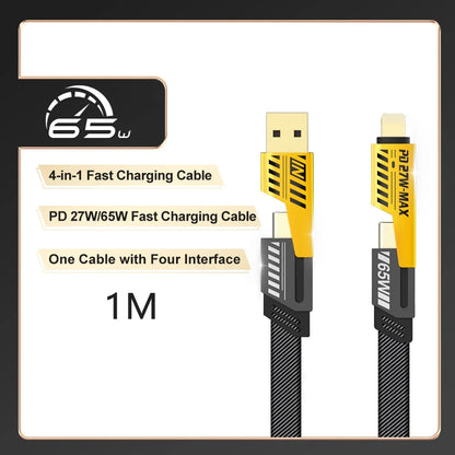 4-In-1 Fast Charging Cable with Connectors of USB-A, USB-C, and Lightning for iPhones and Android Devices 27W and 65 PD Fast Charging Support