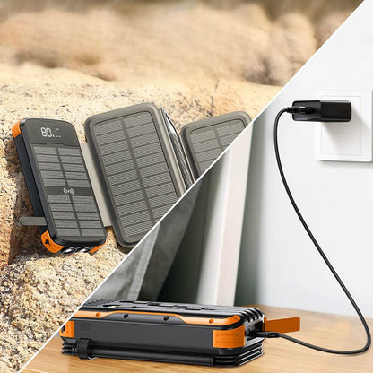 20,000mAh Solar Power Bank with 4 Foldable Photovoltaic Panels and  Built-in Cables & Wireless Charging for iPhones, iPads, Android Devices