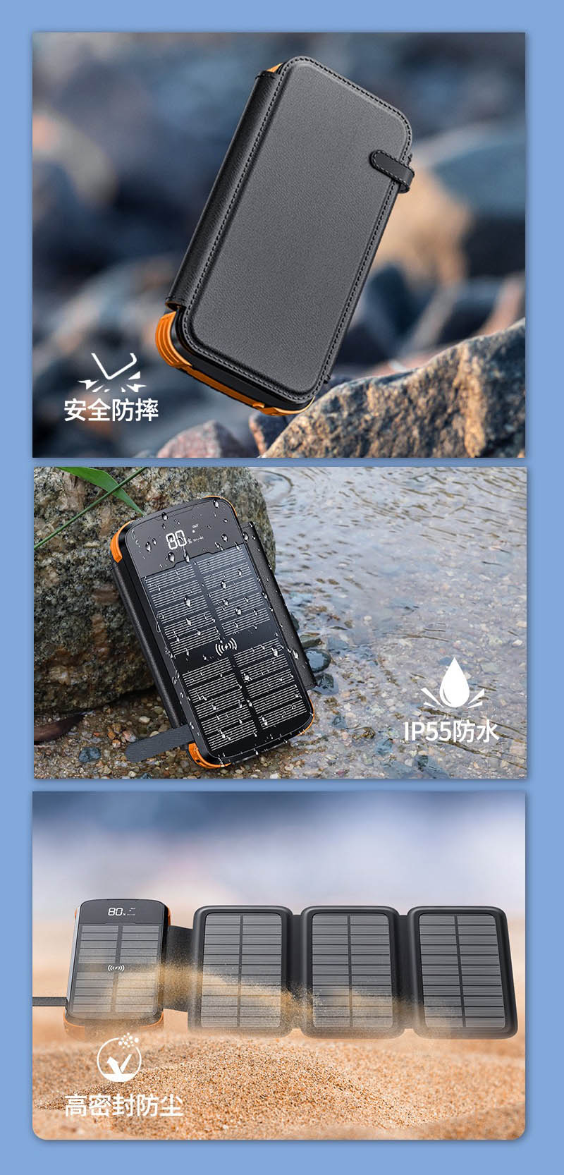 20,000mAh Solar Power Bank with 4 Foldable Photovoltaic Panels and  Built-in Cables & Wireless Charging for iPhones, iPads, Android Devices