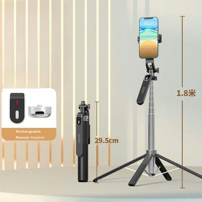 2 in 1 Retractable Aluminum Alloy Phone Four-Legged Stand and Selfie Stick with 360° Rotating Pan-Tilt for Stable Video Recording, Live Streaming