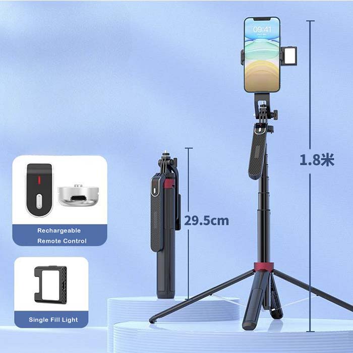 2 in 1 Retractable Aluminum Alloy Phone Four-Legged Stand and Selfie Stick with 360° Rotating Pan-Tilt for Stable Video Recording, Live Streaming