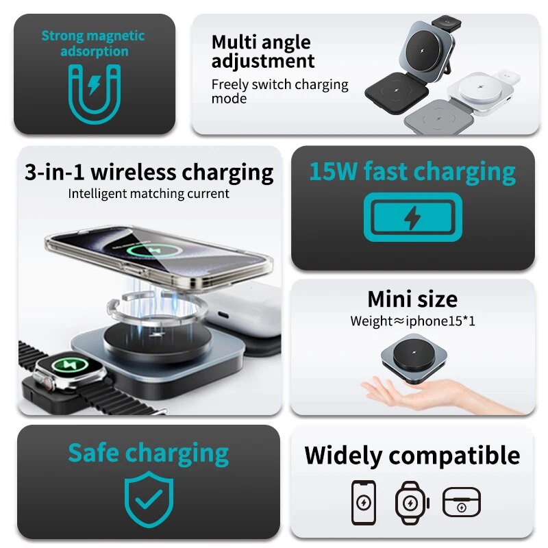 3-in-1 Foldable Magnetic Wireless Charging Stand for iPhone 14/15/16, Airpods, and Apple Watch. Also Compatible with Various Android Devices