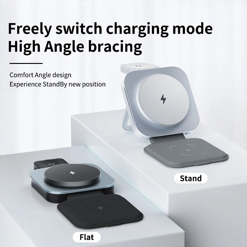 3-in-1 Foldable Magnetic Wireless Charging Stand for iPhone 14/15/16, Airpods, and Apple Watch. Also Compatible with Various Android Devices