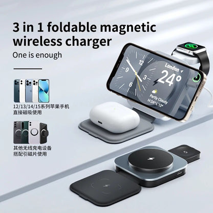 3-in-1 Foldable Magnetic Wireless Charging Stand for iPhone 14/15/16, Airpods, and Apple Watch. Also Compatible with Various Android Devices