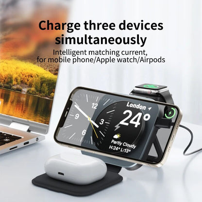 3-in-1 Foldable Magnetic Wireless Charging Stand for iPhone 14/15/16, Airpods, and Apple Watch. Also Compatible with Various Android Devices