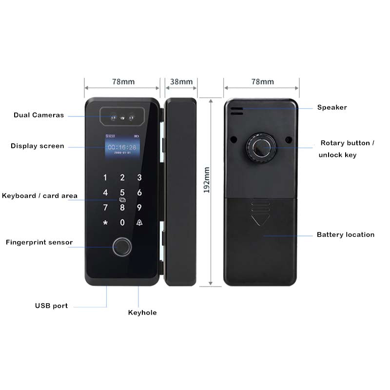 3D Face Recognition Fingerprint Smart Glass Door Lock with Multiple Unlocking Methods for Offices, Shops, Apartments