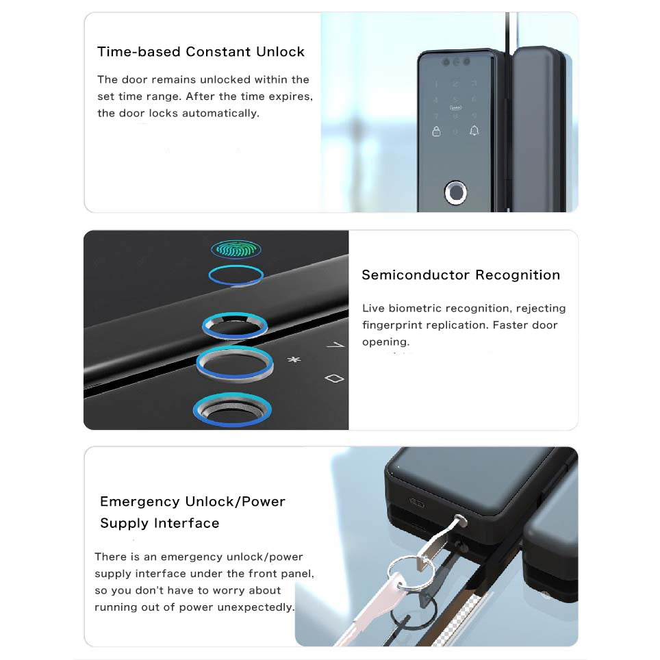 3D Face Recognition Smart Glass Door Lock with 6 Unlock Methods and Clutch Stepping Motor