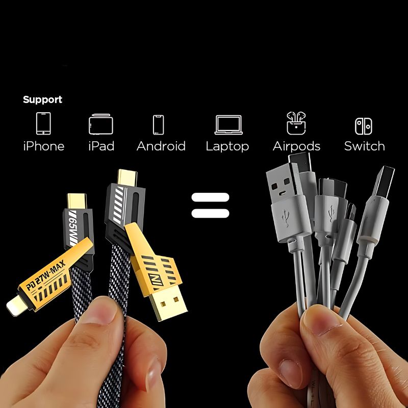 4-In-1 Fast Charging Cable with Connectors of USB-A, USB-C, and Lightning for iPhones and Android Devices 27W and 65 PD Fast Charging Support