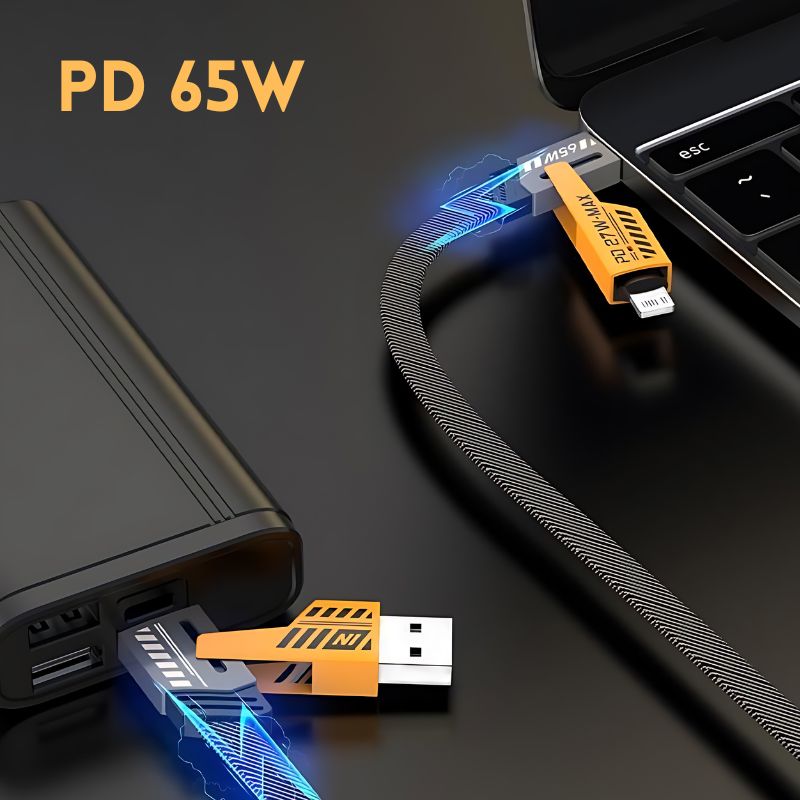 4-In-1 Fast Charging Cable with Connectors of USB-A, USB-C, and Lightning for iPhones and Android Devices 27W and 65 PD Fast Charging Support