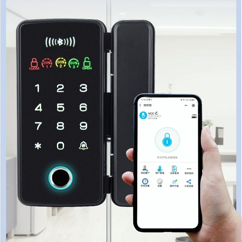 Office Drill-Free Smart Glass Door Lock with Multiple Unlocking Methods Include Fingerprint, Phone APP, Password, and Card