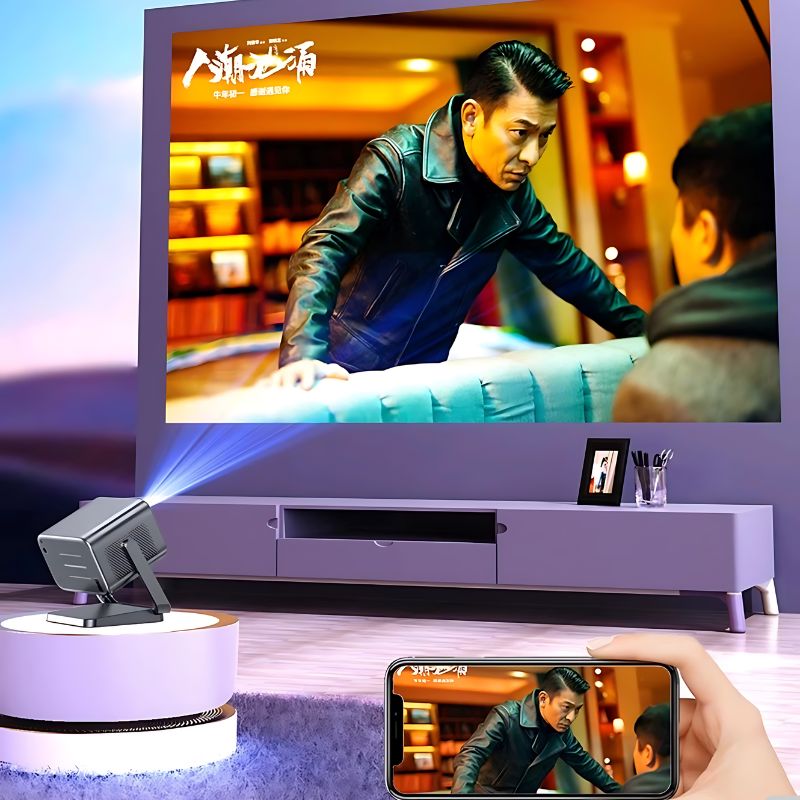 Portable 1080P Smart Projector Running on Android TV OS with A Desktop Stand Allowing for 180° Flexible Rotation