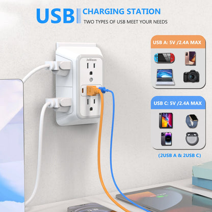 10-in-1 Wall Outlet Extender with USB-C & Surge Protection — 6 AC Outlets, 2 USB-C & 2 USB-A Ports, Wall Mount Power Strip for Home & Office (1050J, UL Certified)