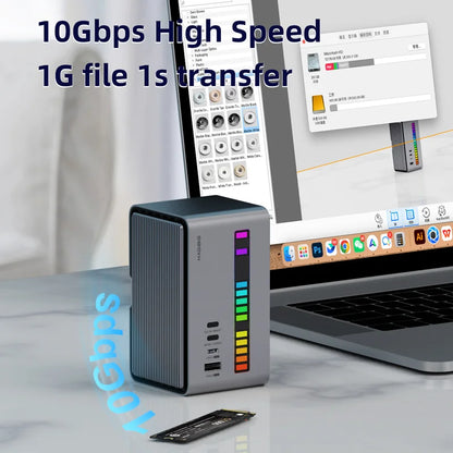 18-in-1 USB-C Docking Station with RGB Strip Light, Dual 4K HDMI, M.2 SSD Enclosure, and Gigabit Ethernet – Your Ultimate All-in-One Hub for Seamless Connectivity and Style