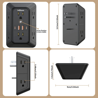10-in-1 Wall Outlet Extender with USB-C & Surge Protection — 6 AC Outlets, 2 USB-C & 2 USB-A Ports, Wall Mount Power Strip for Home & Office (1050J, UL Certified)