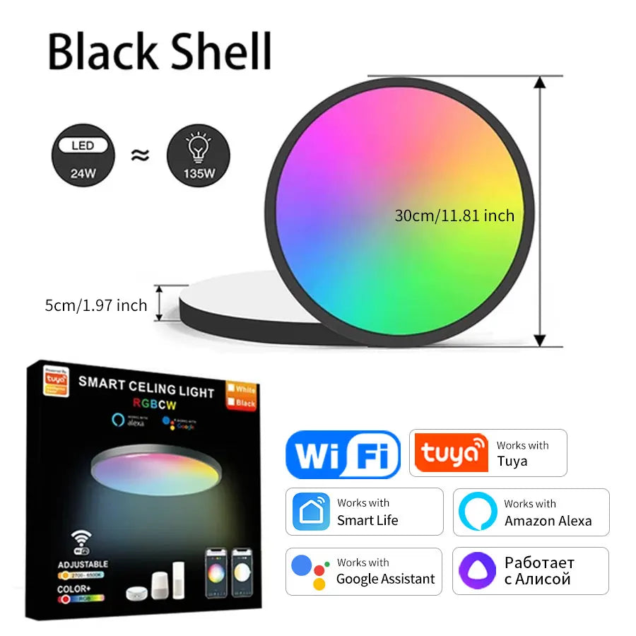 Tuya Smart WiFi Ceiling Light – 24W RGB Circular Ambient Lamp with APP Control, Alexa & Google Home Compatibility, Dimmable & Color-Adjustable for Modern Home Decor