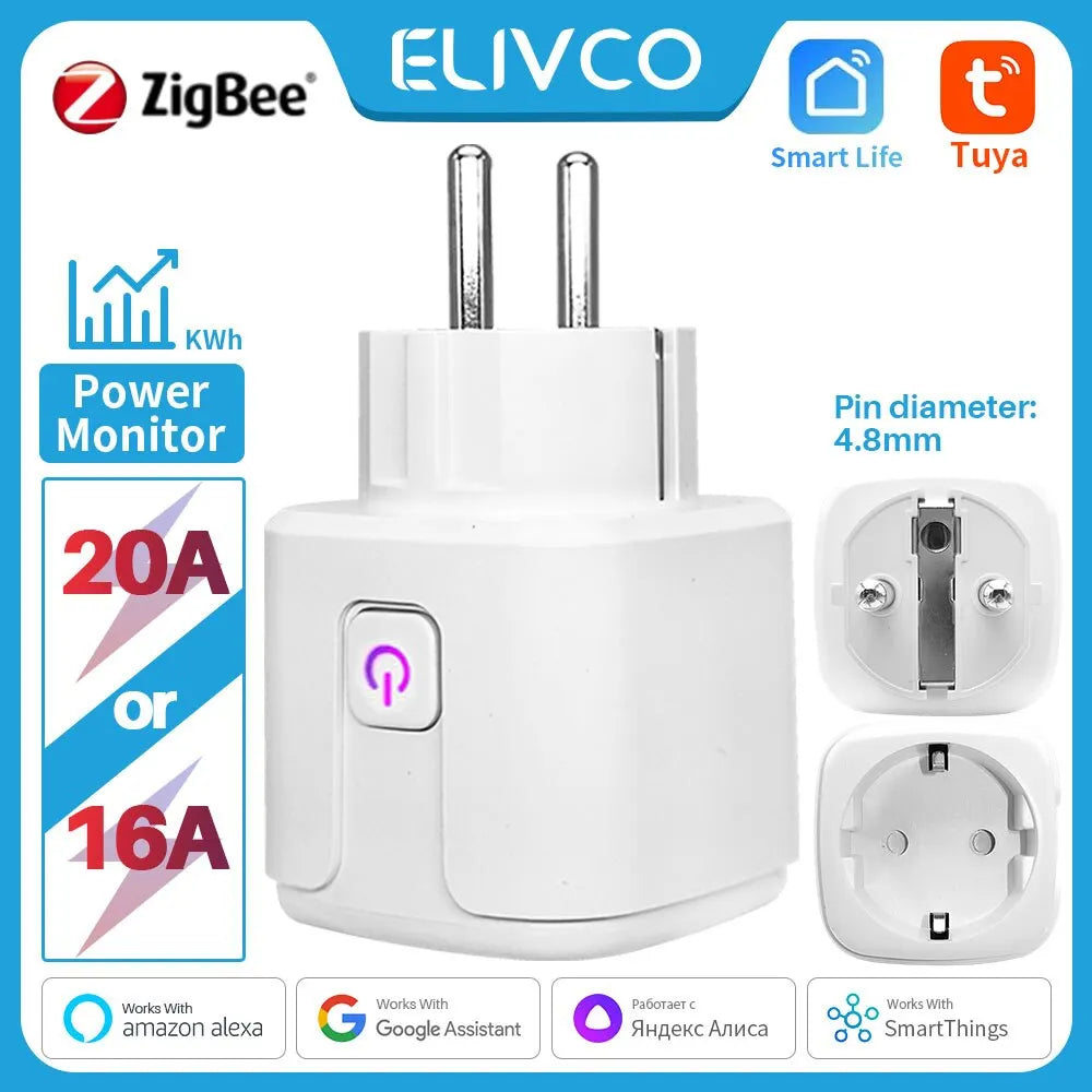 Zigbee Smart Plug (EU 16A/20A) with Power Monitoring and Voice Control - Smart Energy Management System for European Homes, Compatible with Alexa, Google Home, and Yandex Alice