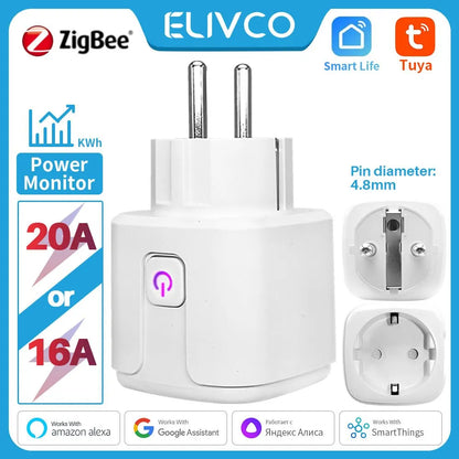 Zigbee Smart Plug (EU 16A/20A) with Power Monitoring and Voice Control - Smart Energy Management System for European Homes, Compatible with Alexa, Google Home, and Yandex Alice