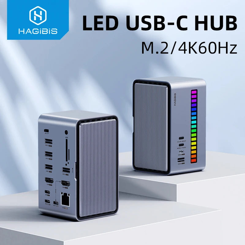 18-in-1 USB-C Docking Station with RGB Strip Light, Dual 4K HDMI, M.2 SSD Enclosure, and Gigabit Ethernet – Your Ultimate All-in-One Hub for Seamless Connectivity and Style