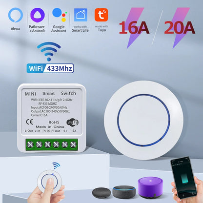 20A Tuya WiFi Smart Switch Alexa Google Home Alice Voice Control without the Need for Extensive Rewiring or Complex Installations 16A RF 433Mhz Wireless Relay Receiver