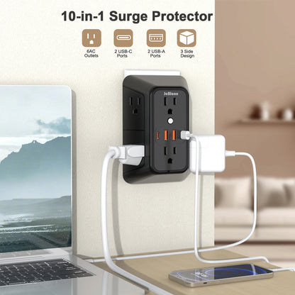 10-in-1 Wall Outlet Extender with USB-C & Surge Protection — 6 AC Outlets, 2 USB-C & 2 USB-A Ports, Wall Mount Power Strip for Home & Office (1050J, UL Certified)