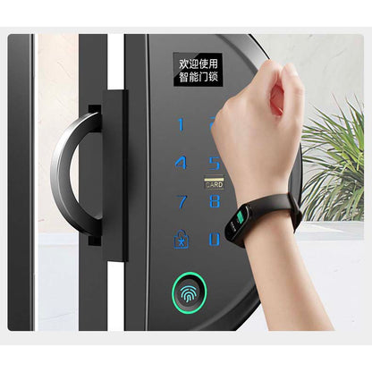 Strong Secure Smart Glass Door Lock with Weatherproof Alloy Casing and Various Unlocking Options like Fingerprint, Mobile APP, NFC, etc.