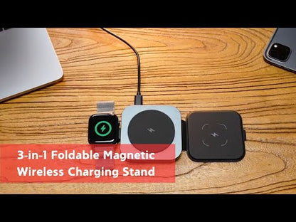 3-in-1 Foldable Magnetic Wireless Charging Stand for iPhone 14/15/16, Airpods, and Apple Watch. Also Compatible with Various Android Devices