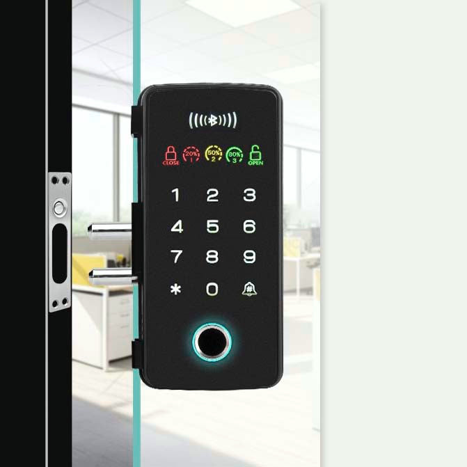 Office Drill-Free Smart Glass Door Lock with Multiple Unlocking Methods Include Fingerprint, Phone APP, Password, and Card