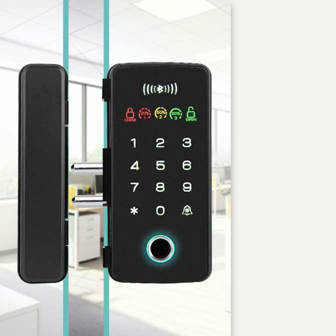 Office Drill-Free Smart Glass Door Lock with Multiple Unlocking Methods Include Fingerprint, Phone APP, Password, and Card